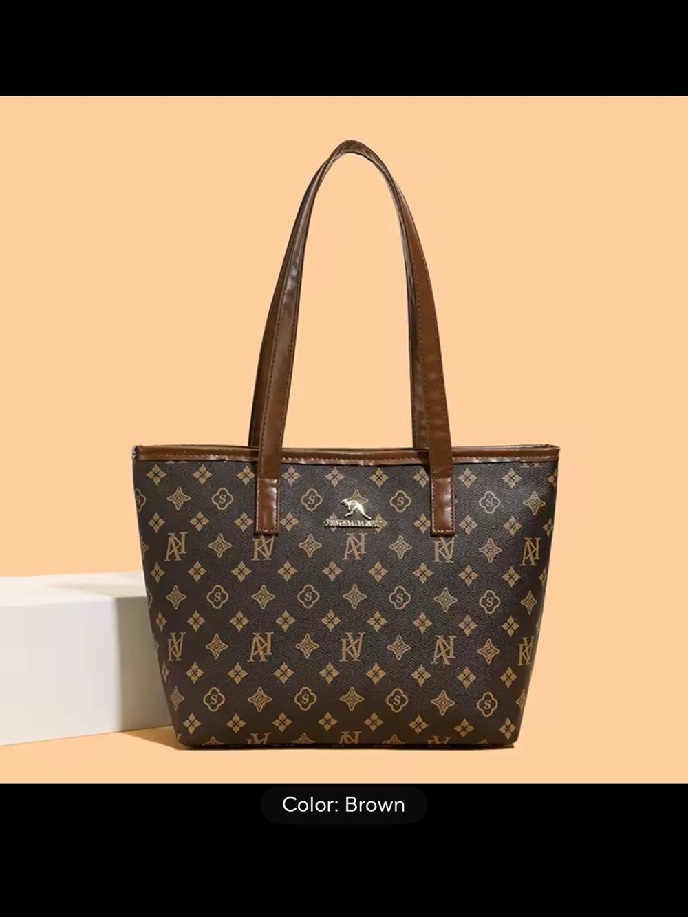 Brown Patterned Tote Bag with Top Handles